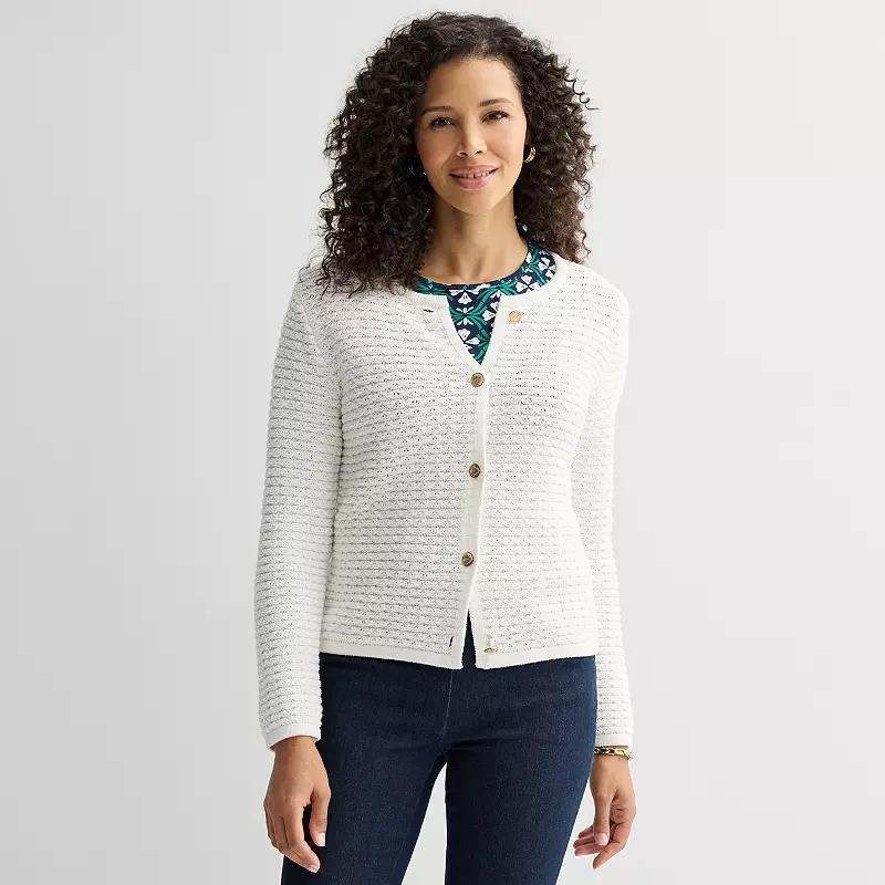 Petite Croft & Barrow® Crewneck Long Sleeve Button Front Textured Cardigan, Women's, Size: Small Petite, White Product Image