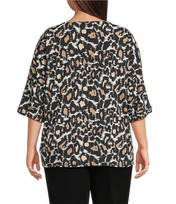 Multiples Plus Size Animal Print Slub Knit Skin Multi V-Neck 3/4 Dolman Sleeve Top Product Image