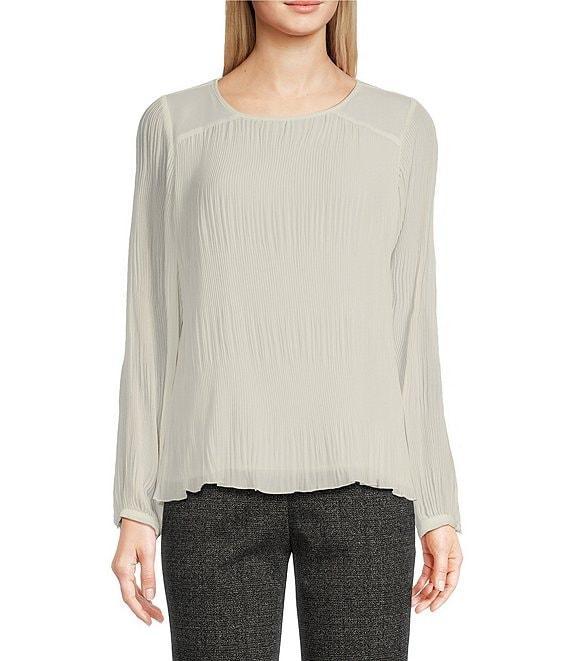 Calvin Klein Solid Chiffon Accordion Pleat Crew Neck Long Sleeve Top Product Image