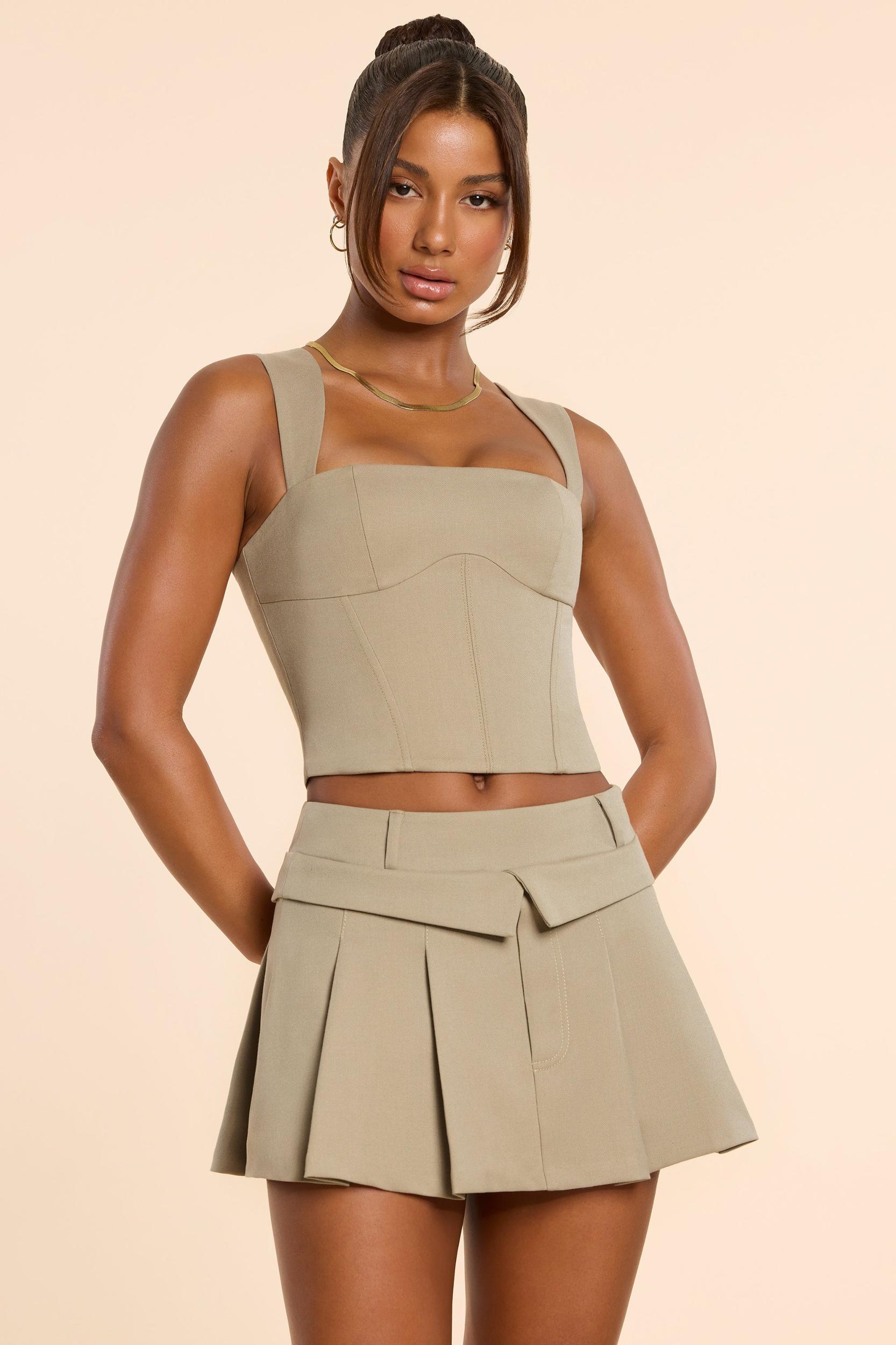 Brushed Twill Square Neck Tailored Top in Taupe Product Image
