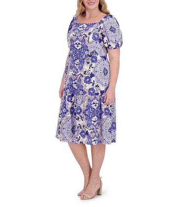 Vince Camuto Plus Size Square Neck Short Puff Sleeve A-Line Midi Dress Product Image