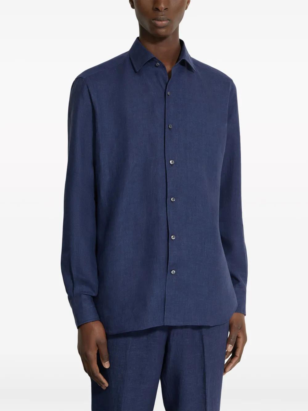 ZEGNA Solid Pure Linen Long Sleeve Shirt In Navy Blue Product Image