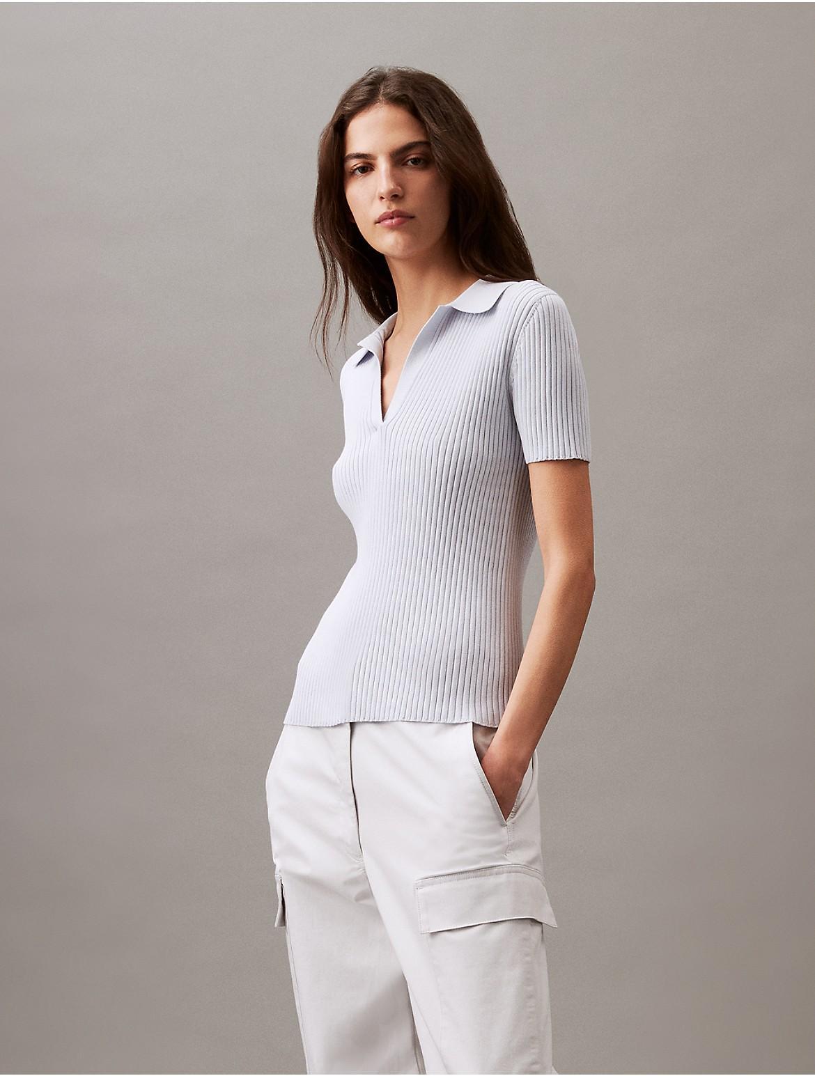 Calvin Klein Womens Smooth Cotton Rib Sweater Polo Shirt - Ivory - S Product Image