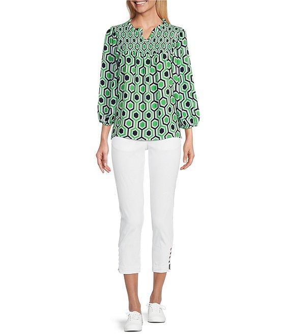 Multiples Woven Printed Ruffled Split V-Neck 3/4 Puff Sleeve Shirred Front Top Product Image