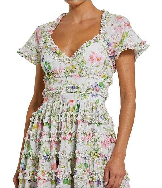 Mac Duggal Short Sleeve Tie Back Micro Ruffle Floral Print Cotton Midi Product Image