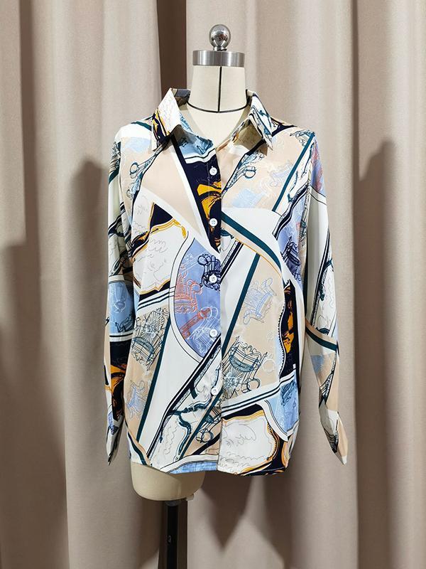 Long Sleeves Loose Buttoned Printed Split-Joint Lapel Blouses&Shirts Tops Product Image