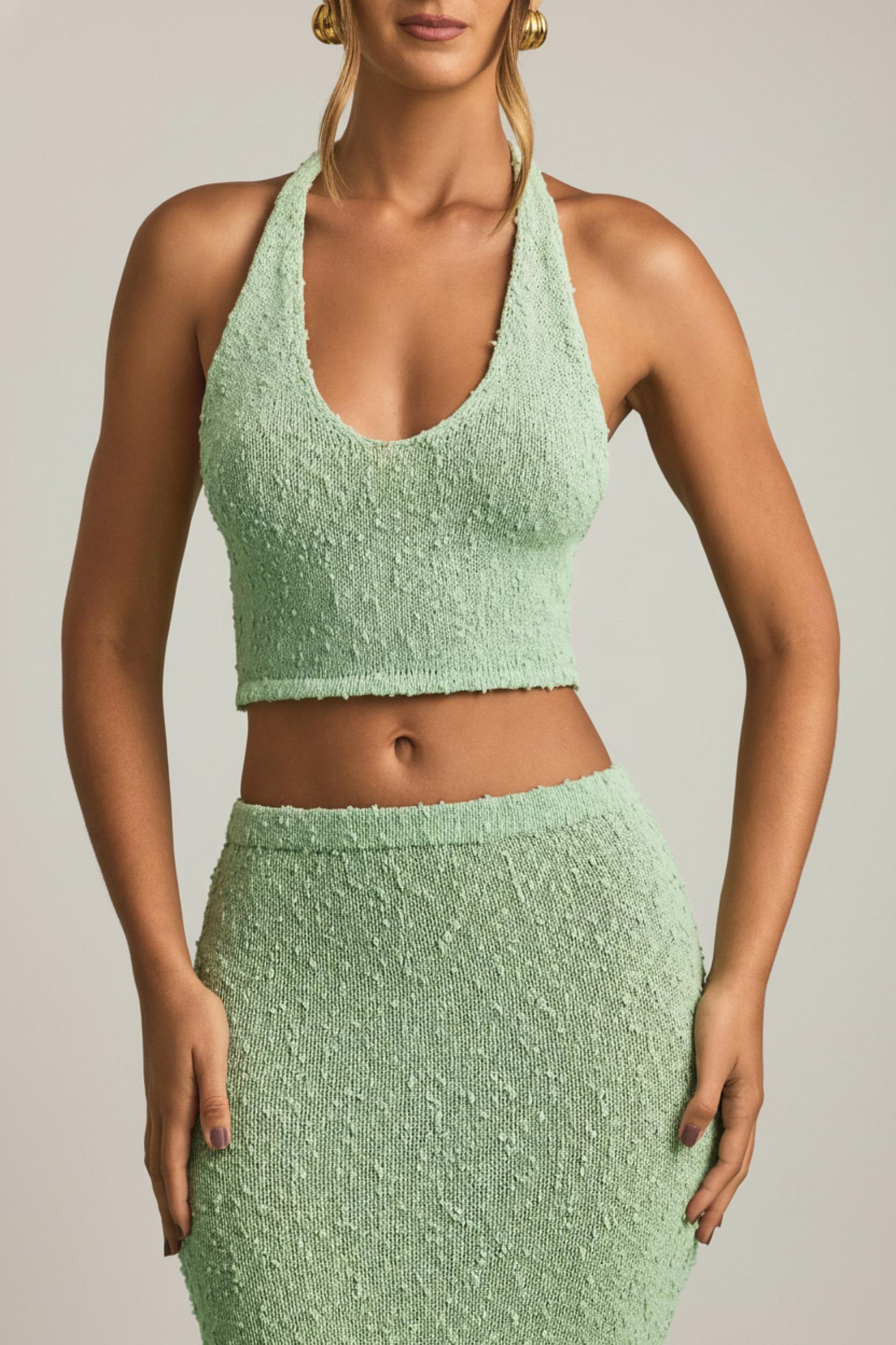 Bouclé Halterneck Crop Top in Mint Product Image