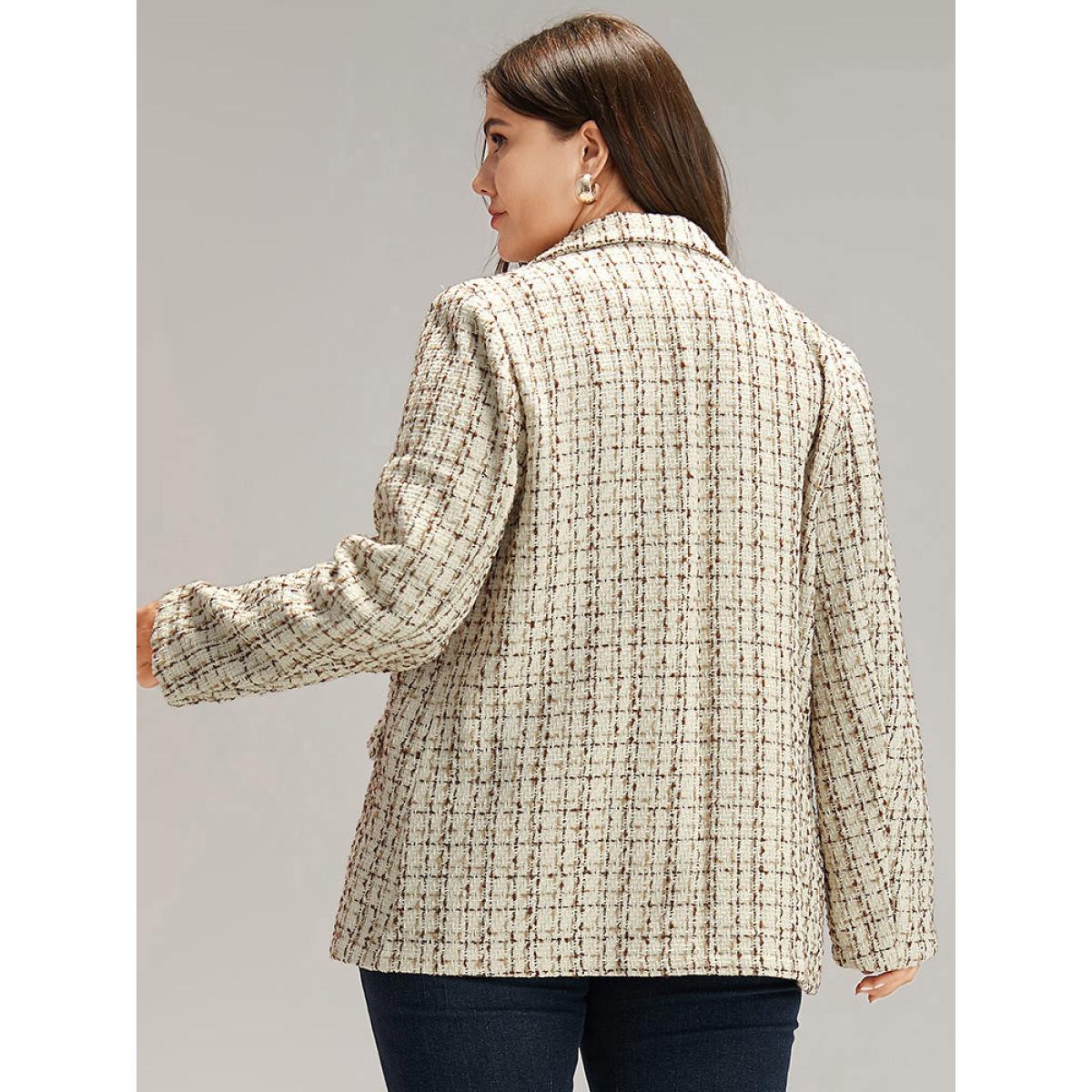 Plus Size Gingham Suit Collar Flap Pocket Blazer Ivory Women Dailywear Gingham Texture Sleeve Long Sleeve Suit Collar 28/5X Pocket Casual Blazers BloomChic Product Image