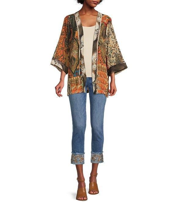 John Mark Mix Print Open Front Multi Color Tassel Detailed 3/4 Sleeve Kimono Statement Jacket Product Image