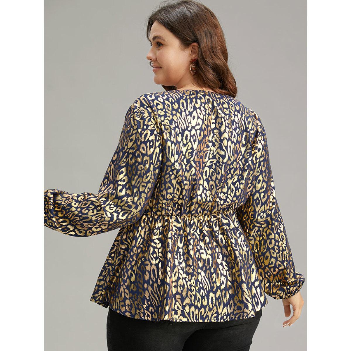 Plus Size Indigo Glitter Leopard Wrap Elastic Waist Lantern Sleeve Blouse Women Cocktail Long Sleeve Overlap Collar Party Blouses BloomChic 10/M Product Image