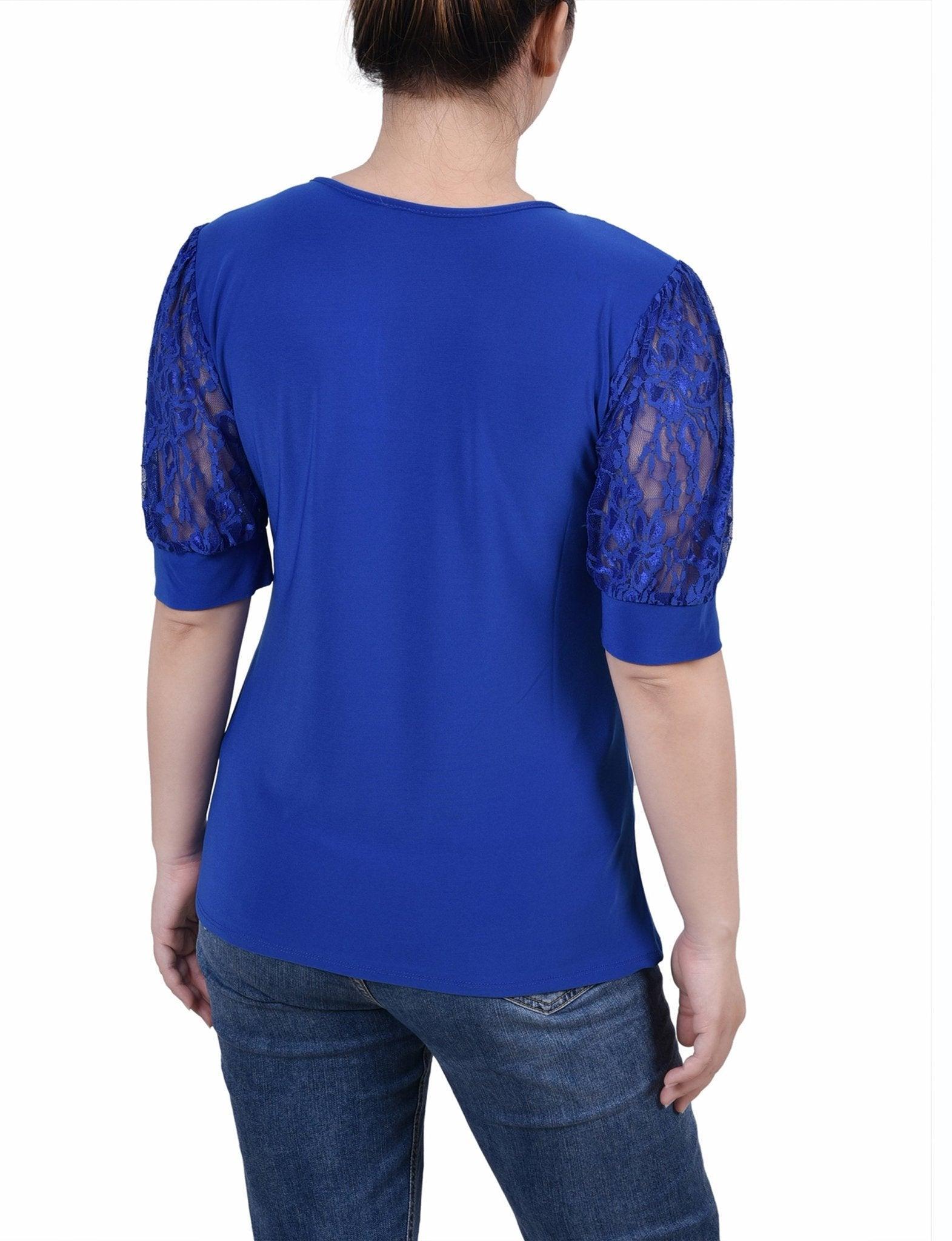 Surf The Web Short Puff Sleeve Top With Lace Sleeves And Yoke Product Image