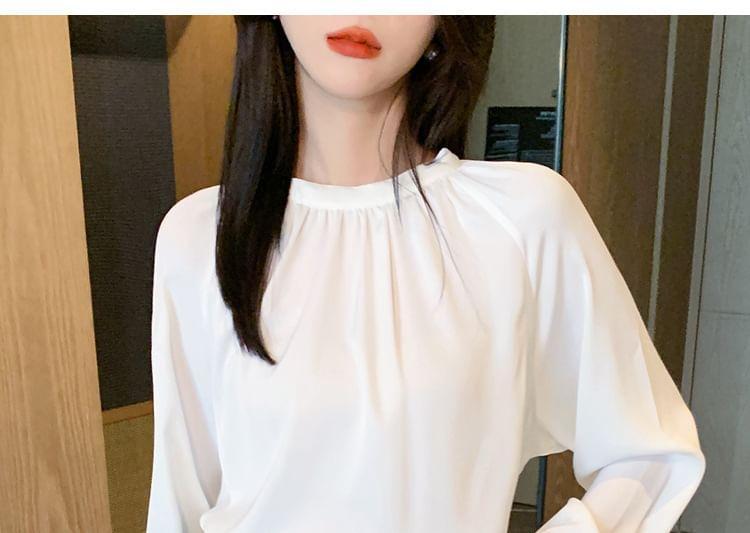 Long Sleeve Round Neck Plain Ruched Blouse Product Image