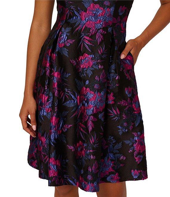 Adrianna Papell Jacquard Ruffle Strap Sleeveless Square Neck Floral Print Dress Product Image