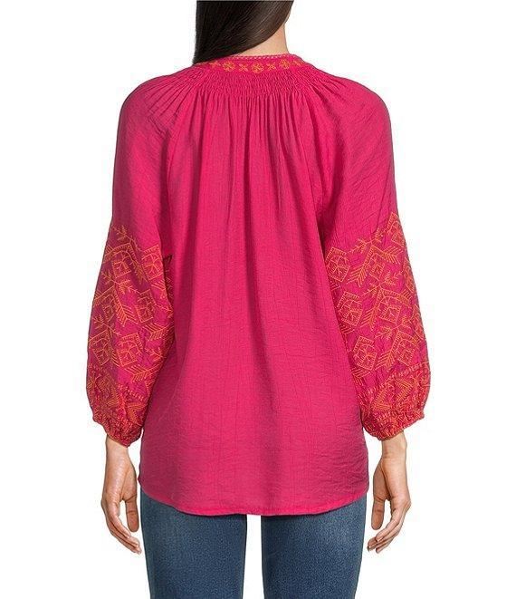 Calessa Embroidered Print Pattern Split V-Neck Long Sleeve Tunic Product Image