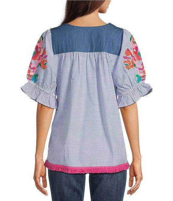 Calessa Petite Size Embroidered Stripe Square Neck Short Puff Sleeve Tunic Product Image