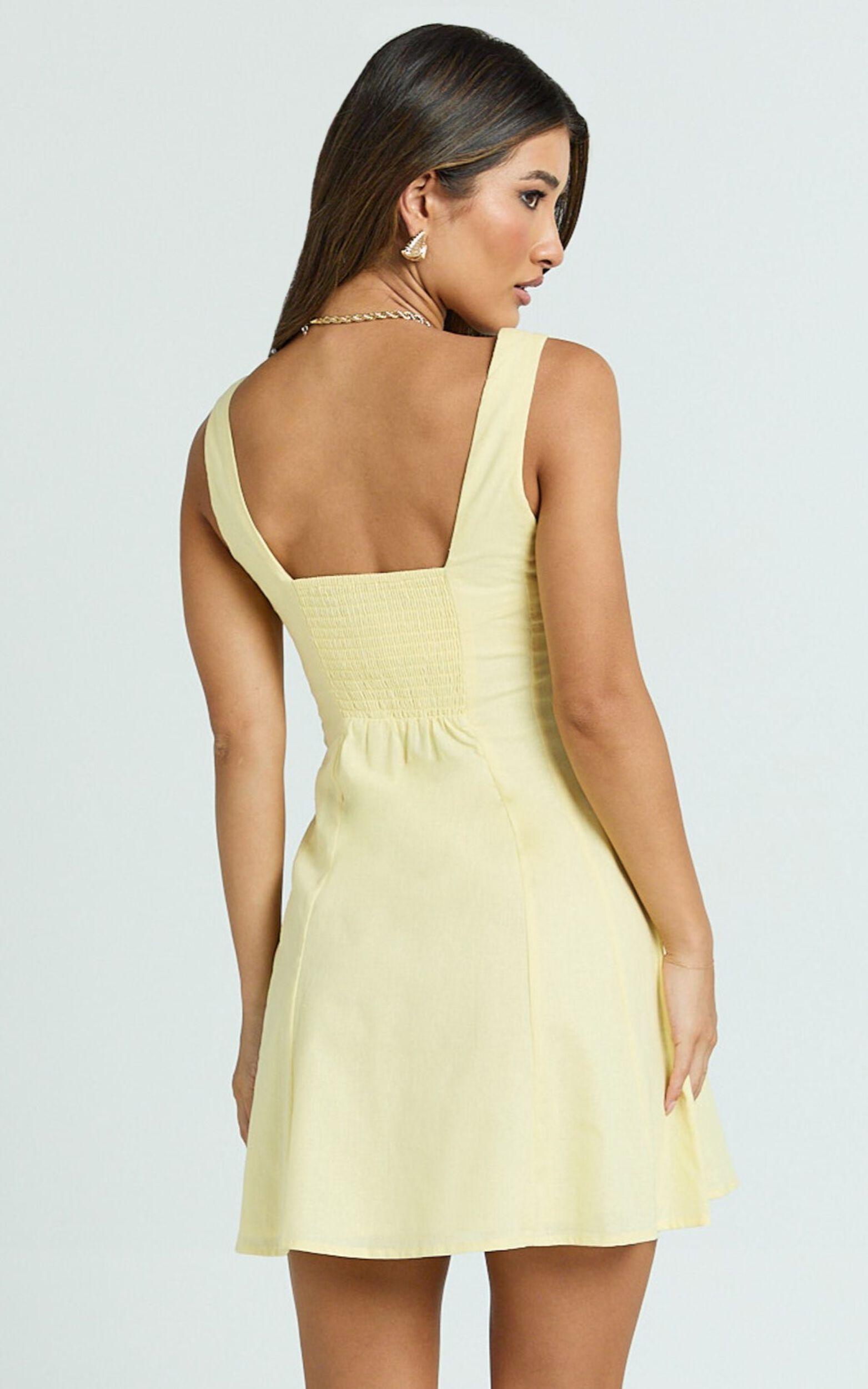 Adiana Mini Dress - Linen Square Neck Shirred Back A Line Dress in Lemon Product Image