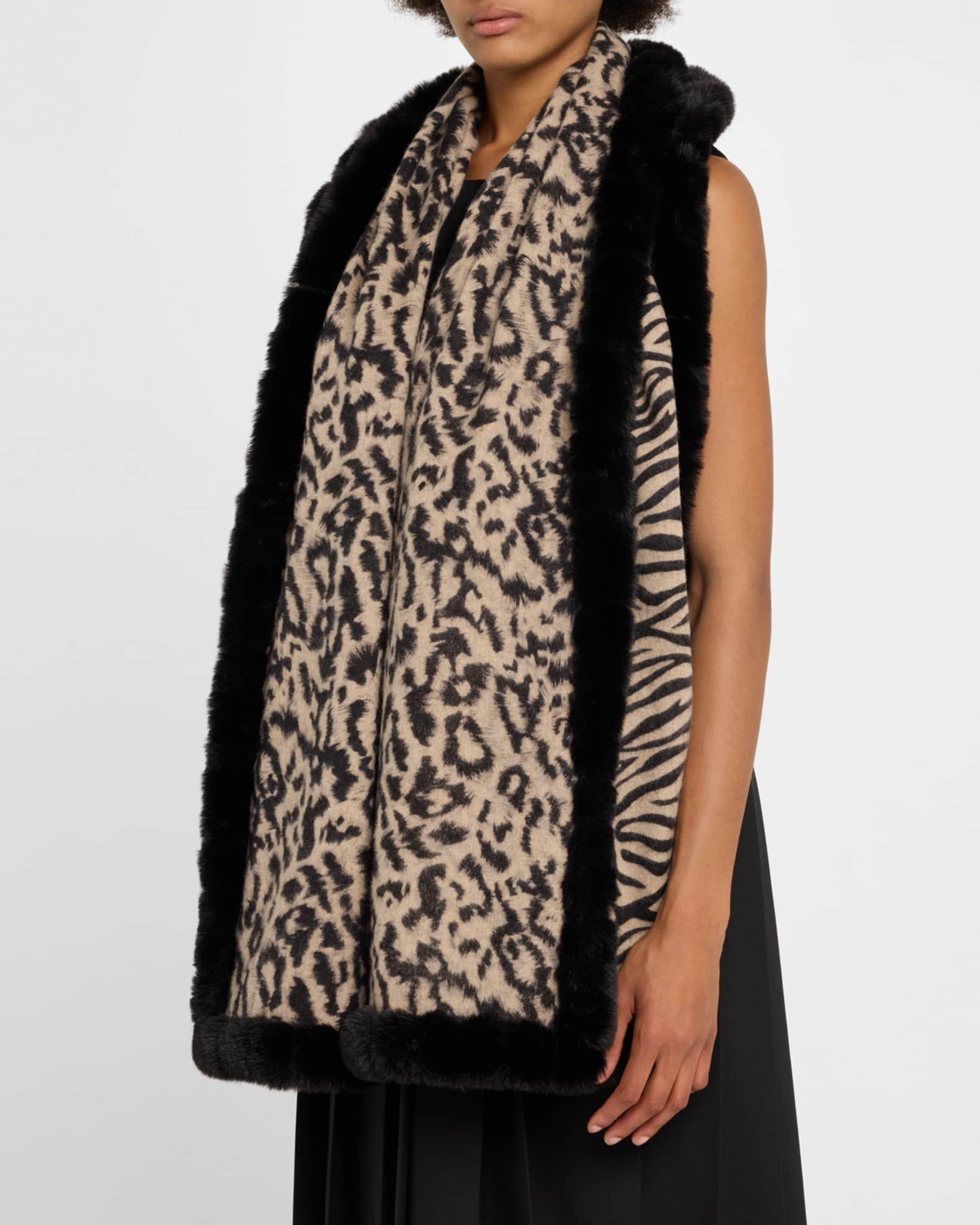 Reversible Animal-Print Wool-Blend Wrap with Faux Fur Trim Product Image