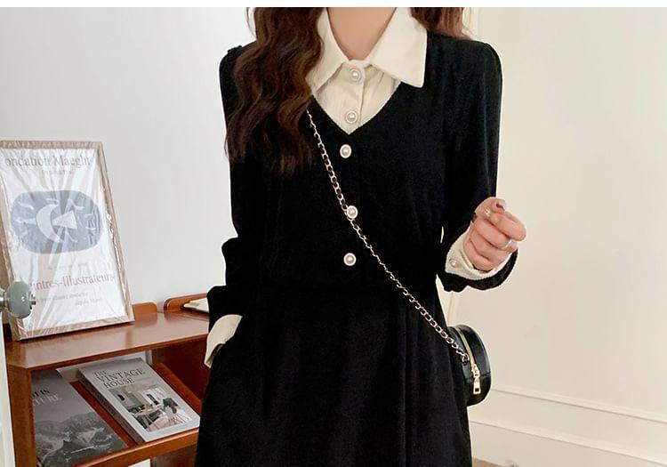 Mock Two-Piece Long-Sleeve Collar Two Tone Button Corduroy Midi A-Line Dress Product Image