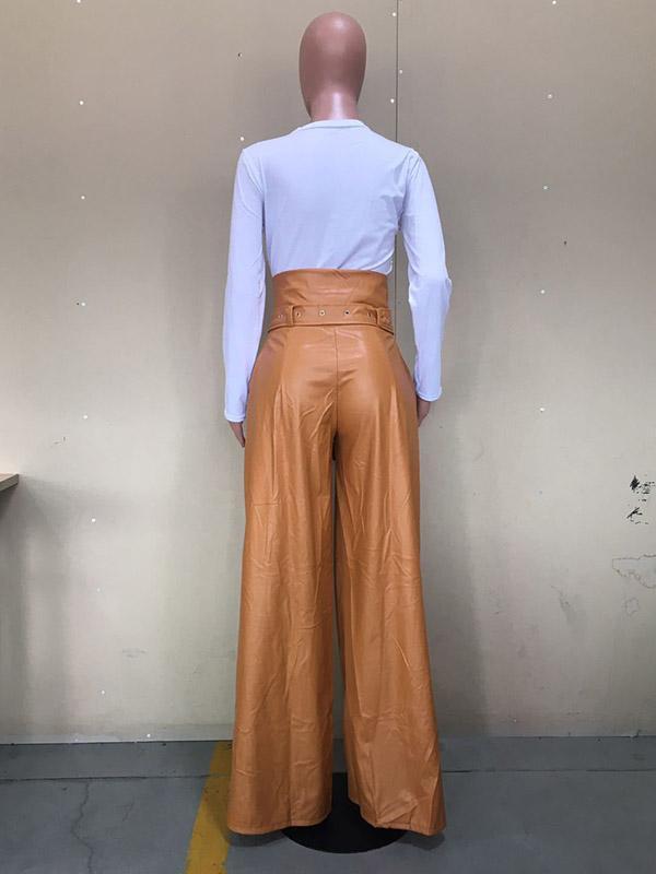 High Waisted Wide Leg Belted Solid Color Zipper Pants Trousers Product Image