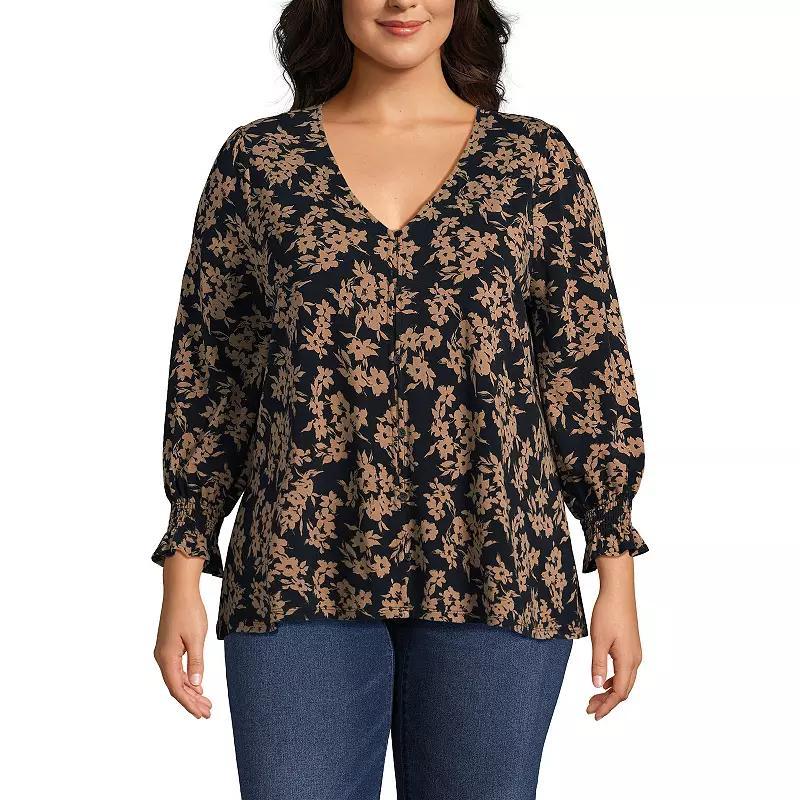 Plus Size Lands End 3/4 Sleeve Lightweight Jersey Button Front Top, Womens Product Image