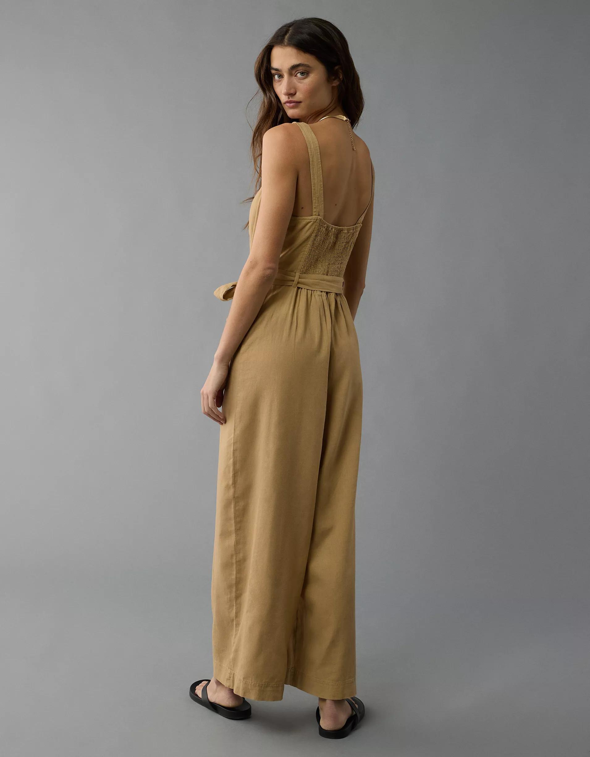 AE Linen-Blend Button-Up Jumpsuit Product Image