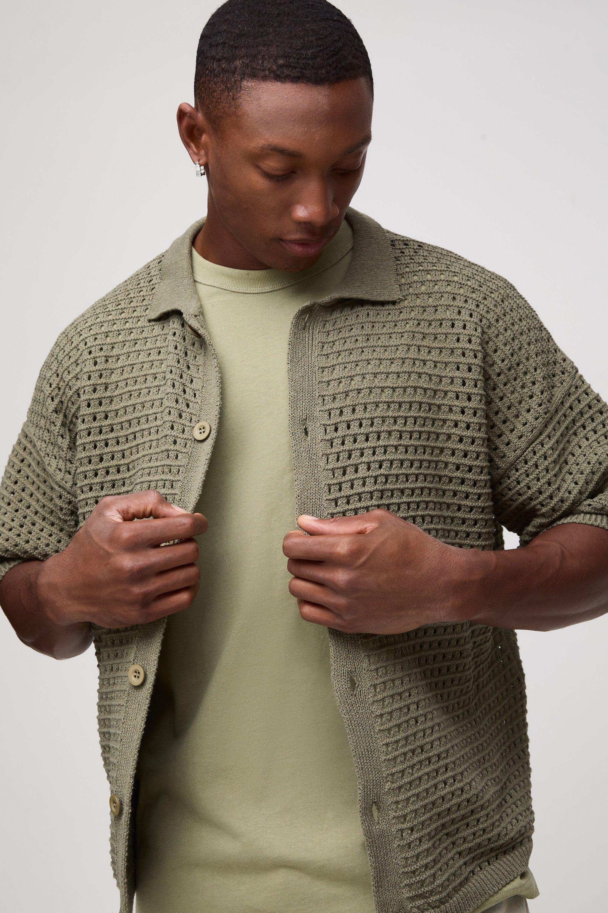 Oversized Boxy Textured Open Stitch Knit Shirt In Khaki | boohooMAN USA Product Image