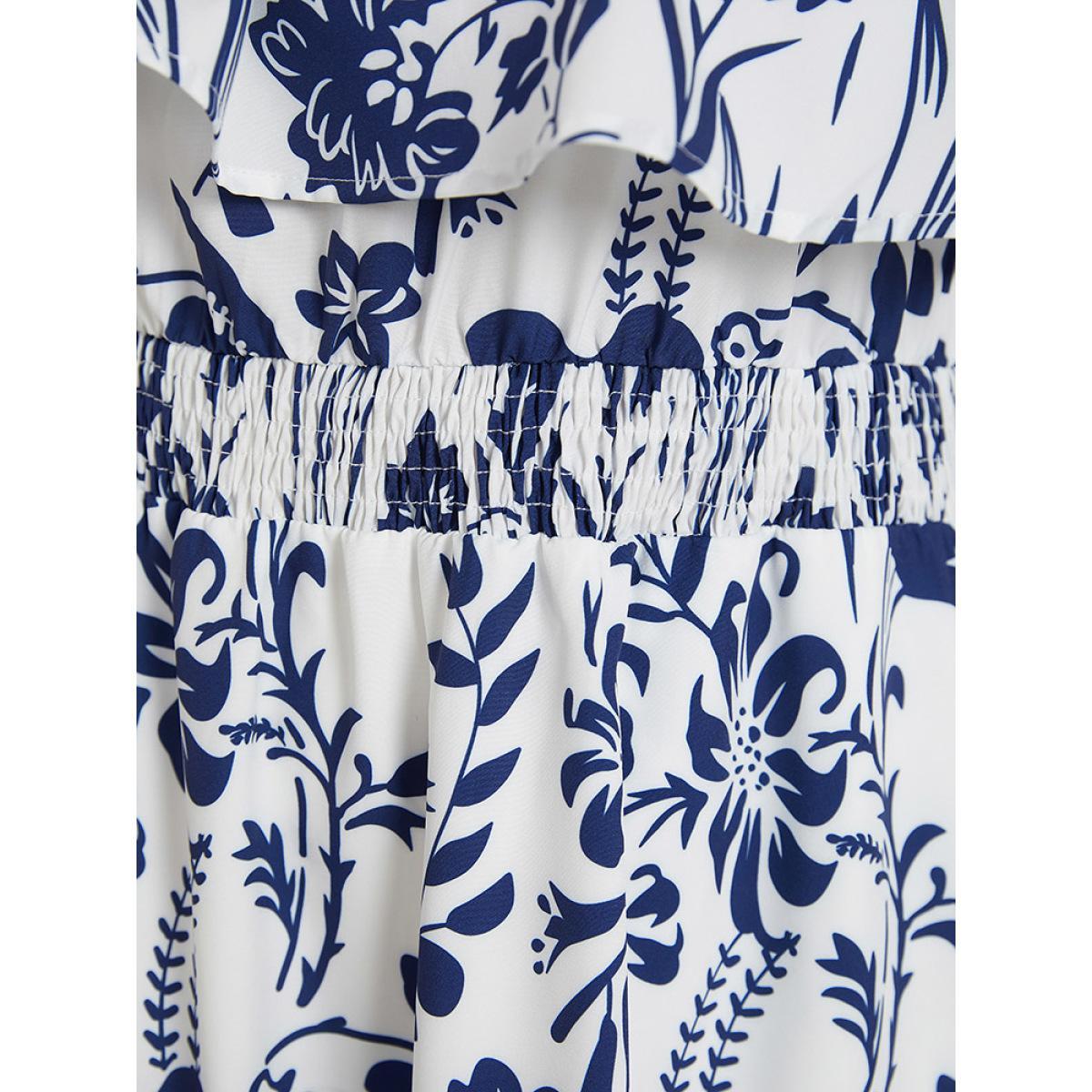 Plus Size Floral Ruffle Trim Square Neck Shirred Pocket Dress Blue Women Elegant Lined Square Neck Short sleeve Curvy Midi Dress BloomChic 26/4X Product Image