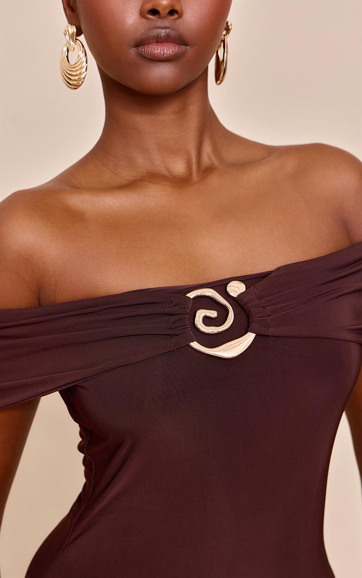 Chocolate Double Layer Slinky Trim Detail Bardot Top Product Image