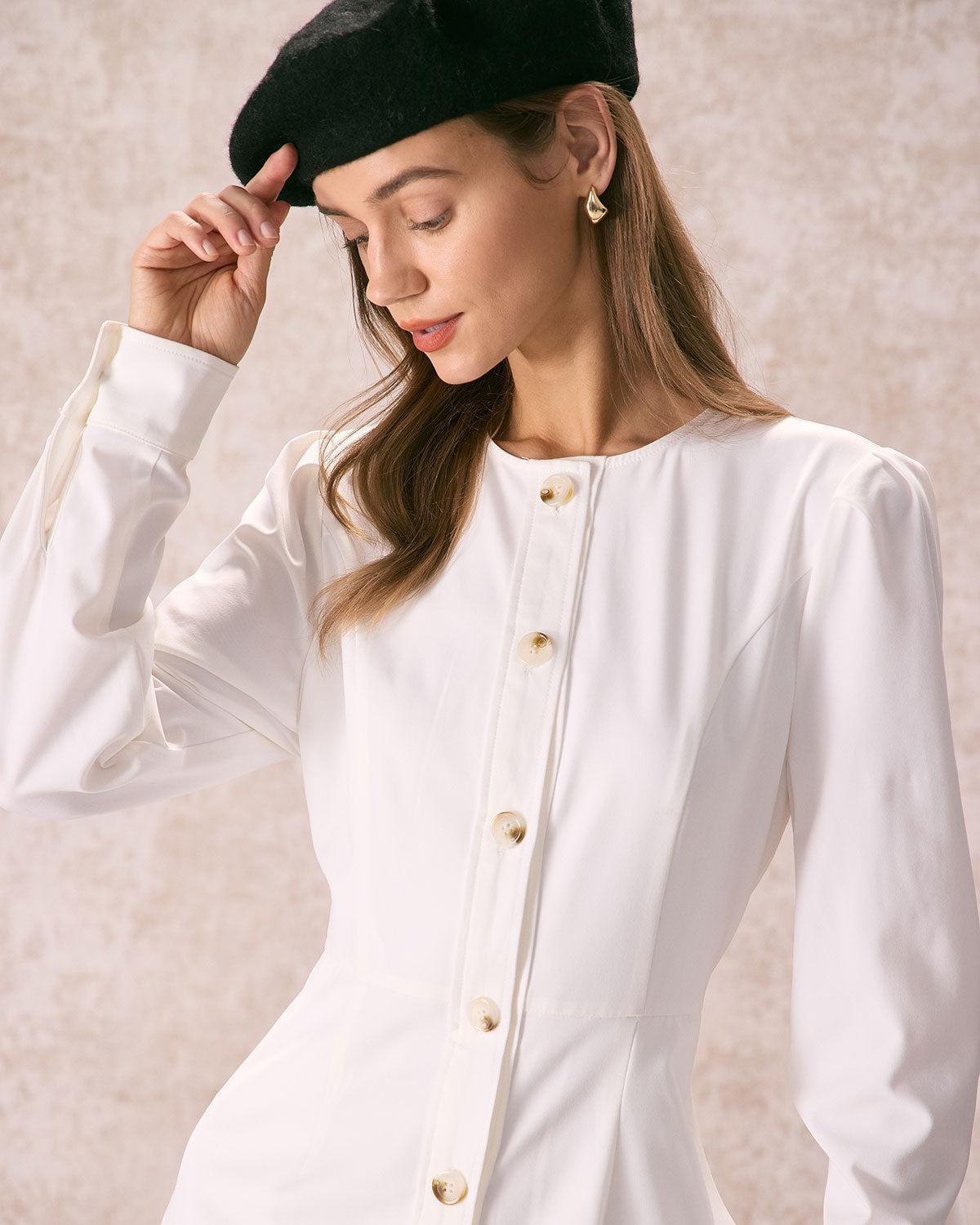 The White Round Neck Button Mini Dress Product Image