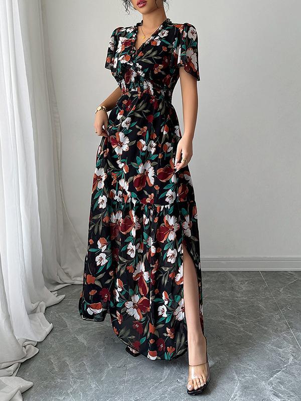 A-Line Loose Contrast Color Elasticity Flower Print Pleated V-Neck Maxi Dresses Product Image