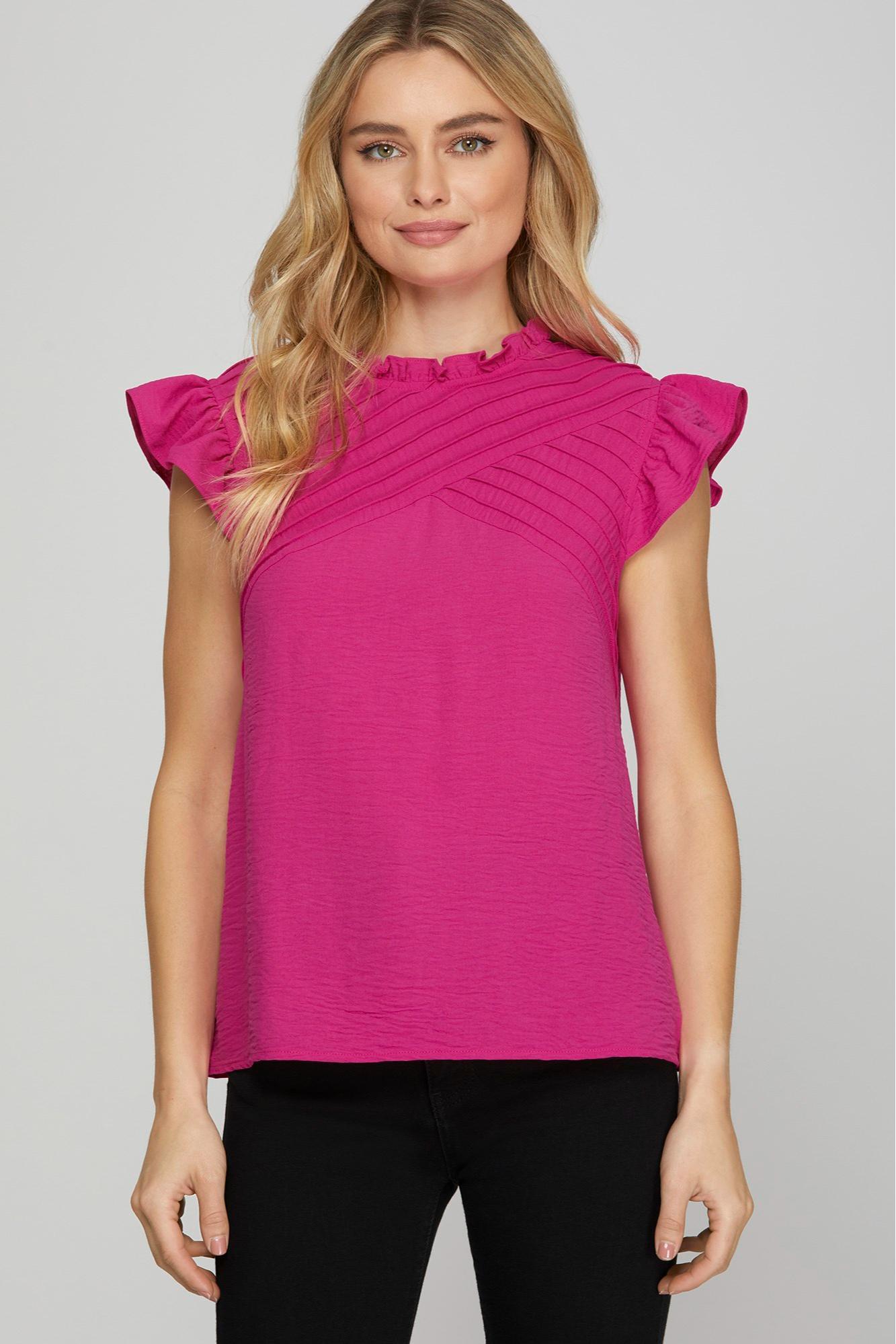 RUFFLE SLEEVE PINTUCK DETAIL WOVEN TOP Product Image