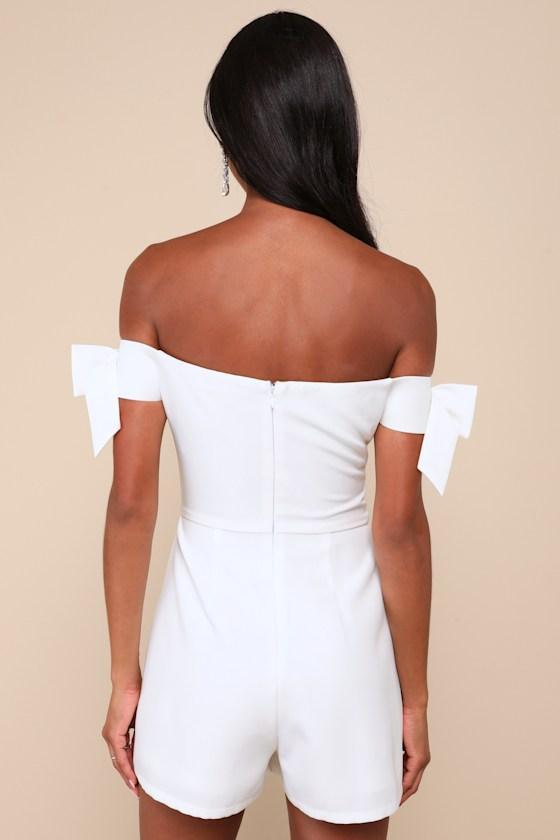 Ideally Sweet White Off-the-Shoulder Bow Romper Product Image