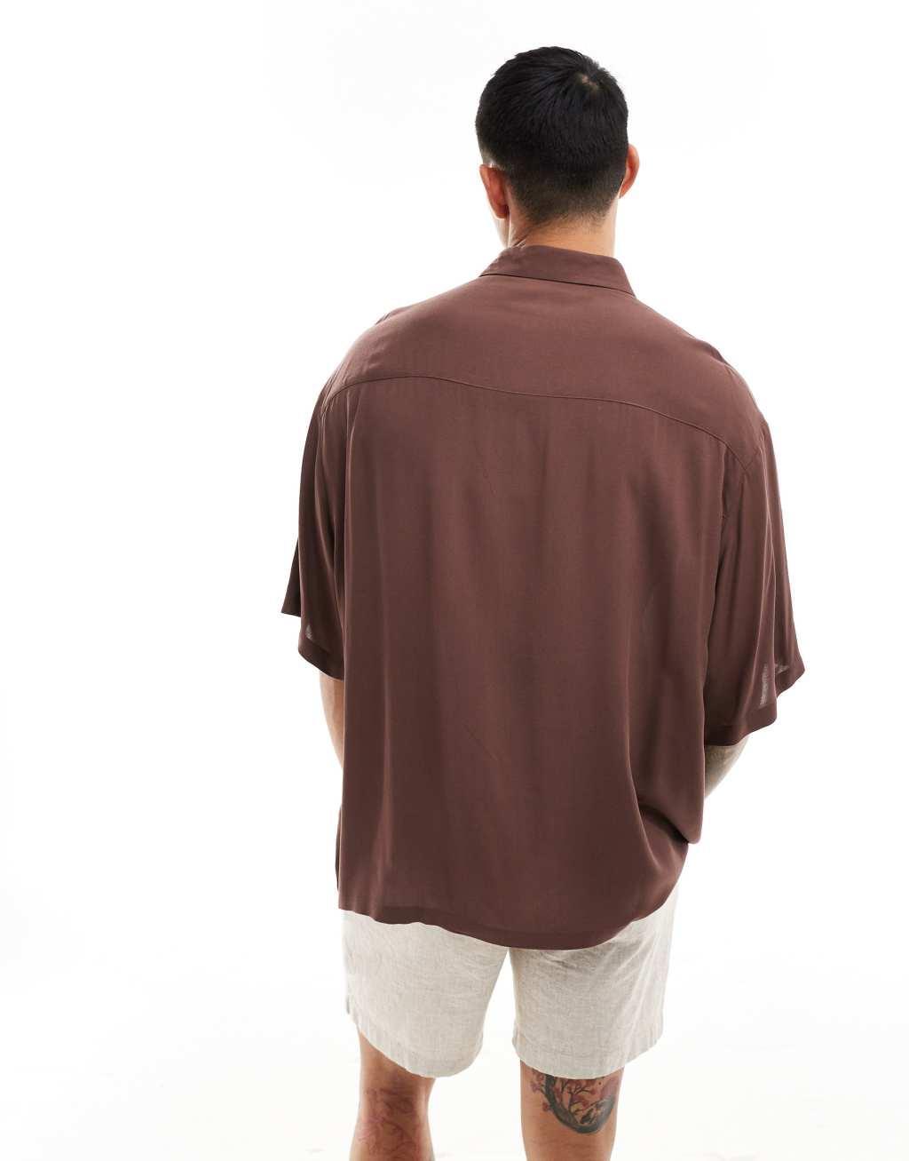 ASOS DESIGN oversized viscose shirt in light brown Product Image