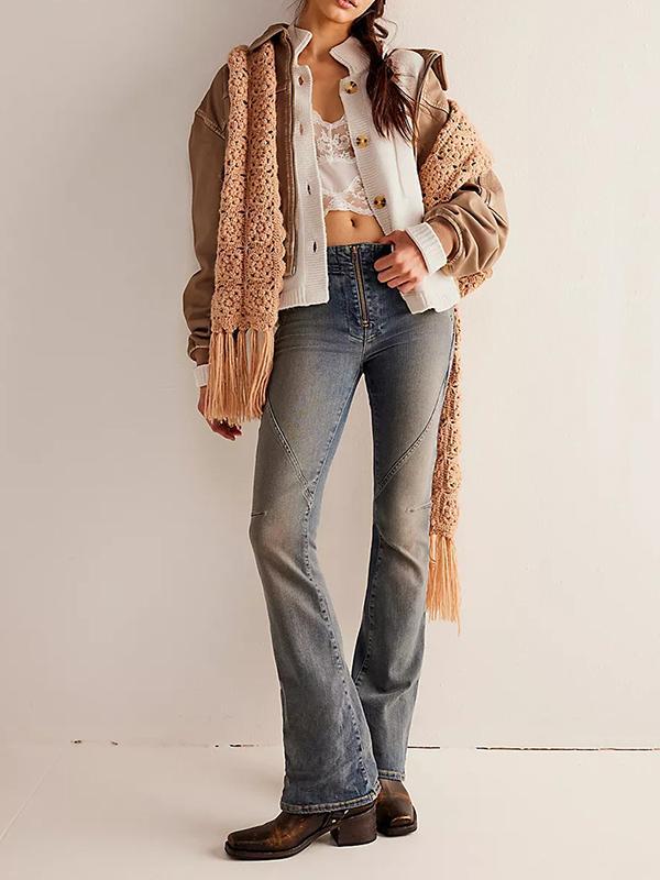 Long Sleeves Loose Buttoned Pockets Solid Color Split-Joint Stand Collar Cardigan Tops Product Image