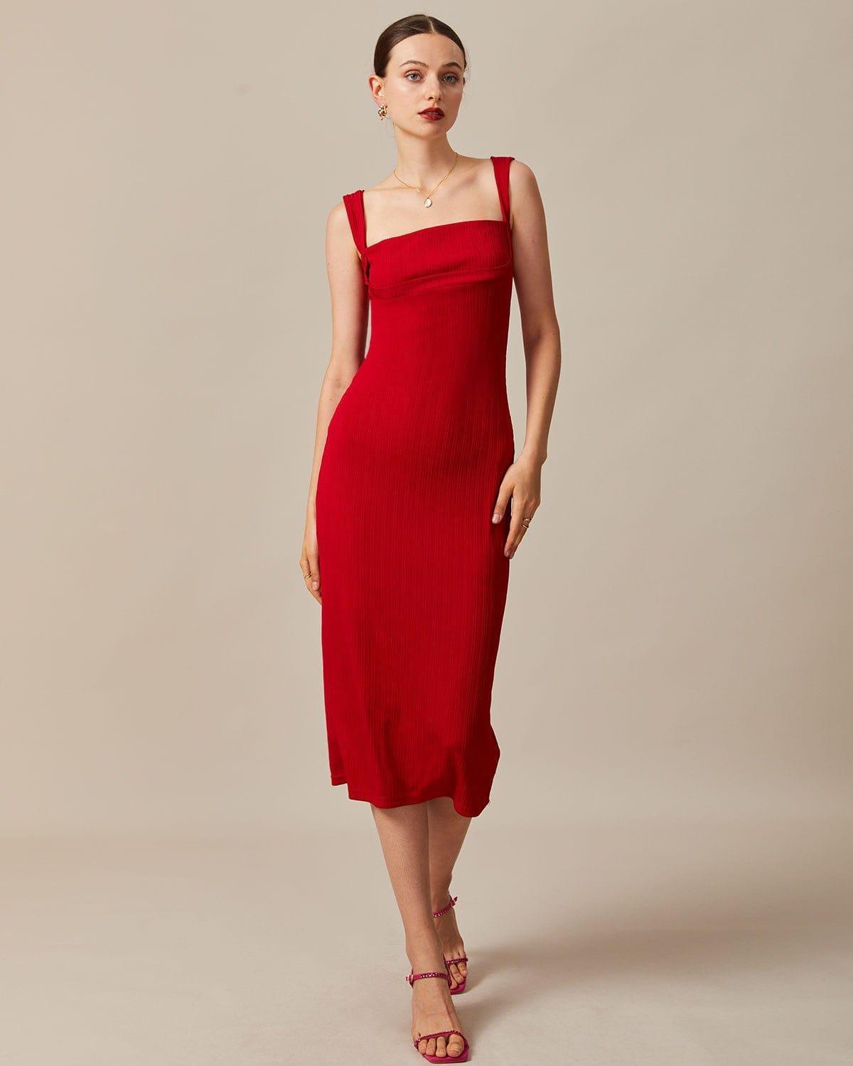 The Red Square Neck Ribbed Midi Dress Product Image