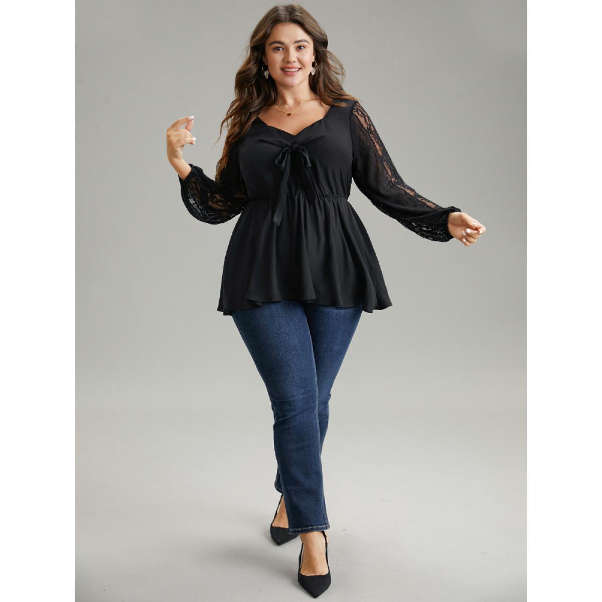 Plus Size Black Crochet Lace Bowknot Elastic Waist Blouse Women Elegant Long Sleeve Square Neck Dailywear Blouses BloomChic 30/6X Product Image