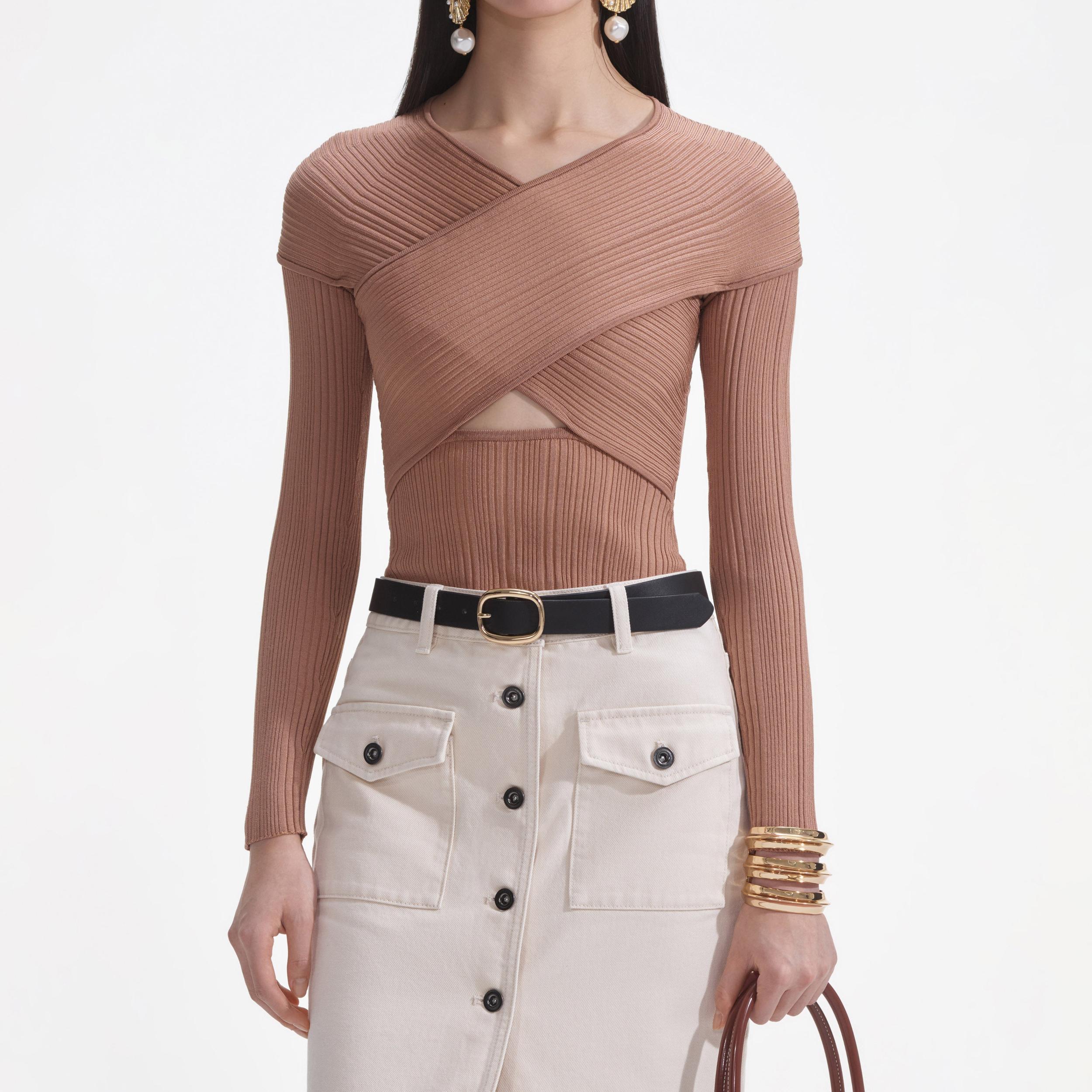 Beige Ribbed Knit Wrap Top Product Image