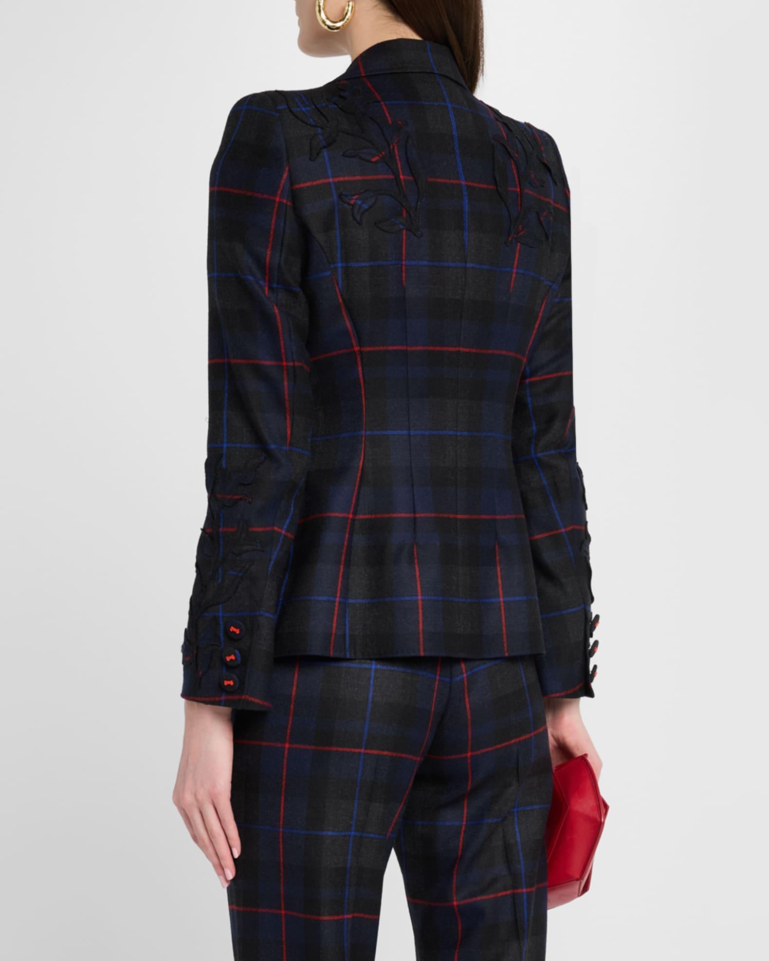 Embroidered-Sleeve Plaid Double-Breasted Jacket Product Image