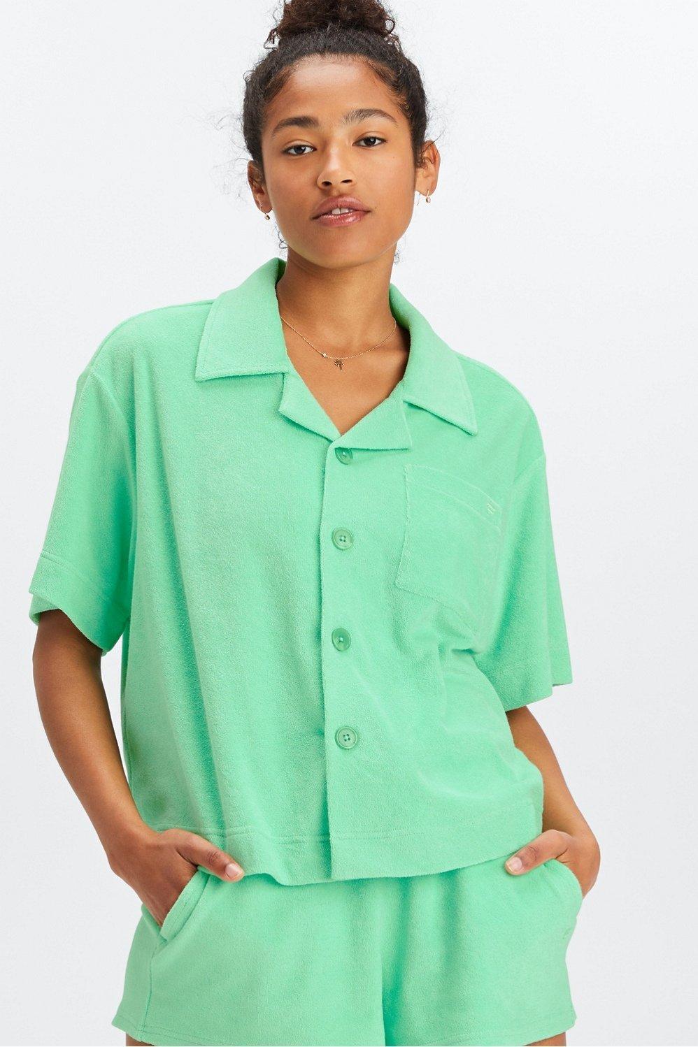 Fabletics Island Terry Boxy Button Up Womens green Size XS Product Image