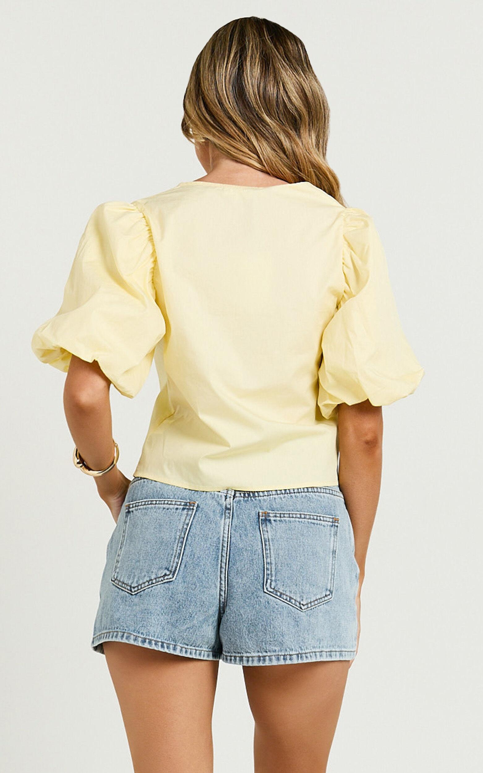 Dana Top - Bow Tie Front Puff Sleeve Blouse in Lemon Product Image