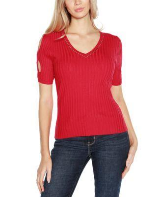 Belldini Womens Embellished Criss Cross Sleeve Sweater Product Image