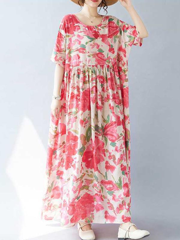 A-line Batwing Sleeves Flower Print Pleated Split-Joint Round-neck Midi Dresses Product Image