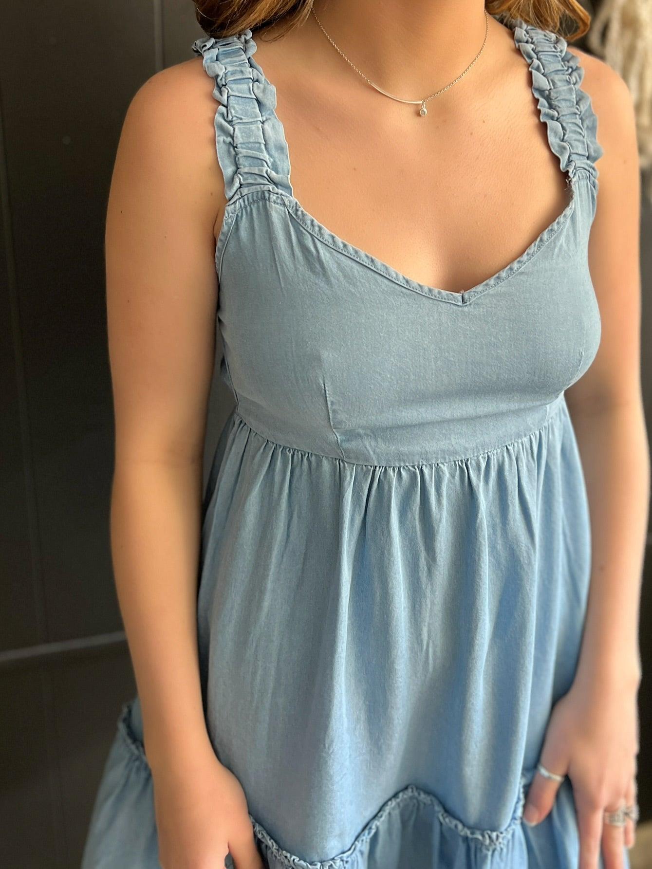 Chambray Denim Ruffle Mini Dress Product Image