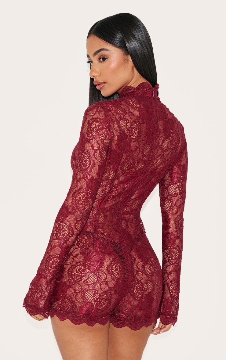 Petite Burgundy Lace Long Sleeve Fitted Romper Product Image