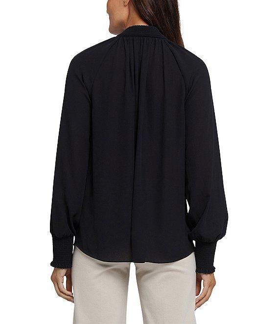 NYDJ Gemma Split V-Neck Smocked Long Sleeve Curved Hem Blouse Product Image