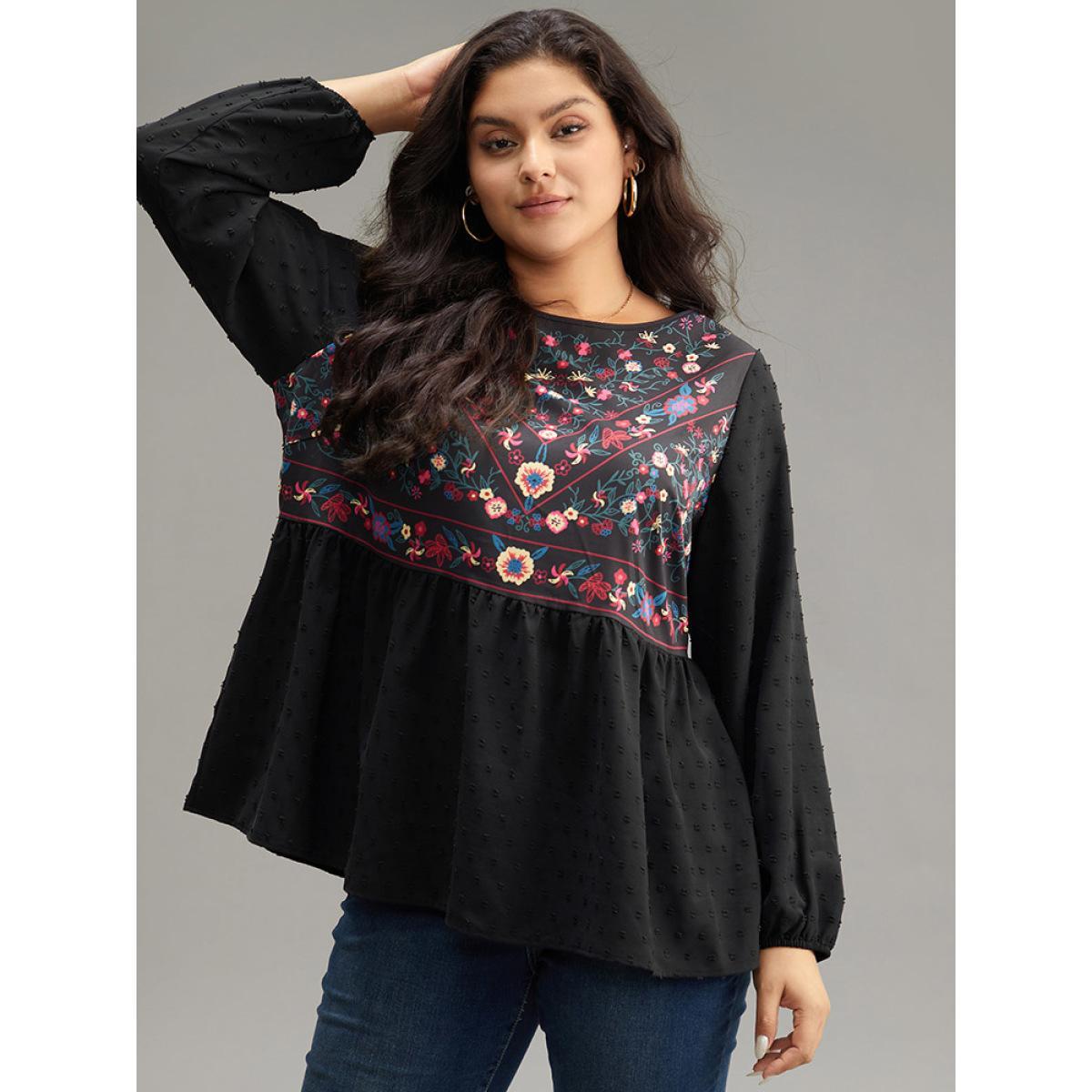 Plus Size Black Boho Print Patchwork Lantern Sleeve Gathered Blouse Women Vacation Long Sleeve Round Neck Dailywear Blouses BloomChic 26/4X Product Image
