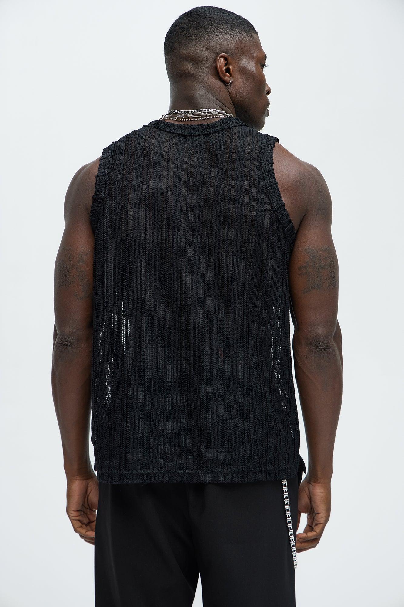Striped Open Knit Tank - Black Product Image