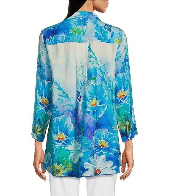 Ali Miles Floral Printed Point Collar 3/4 Sleeve Button Front Tunic Product Image