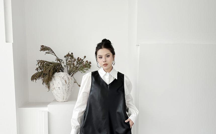 Set: Long-Sleeve Plain Shirt + V-Neck Ruffle Trim Faux Leather A-Line Overall Dress Product Image