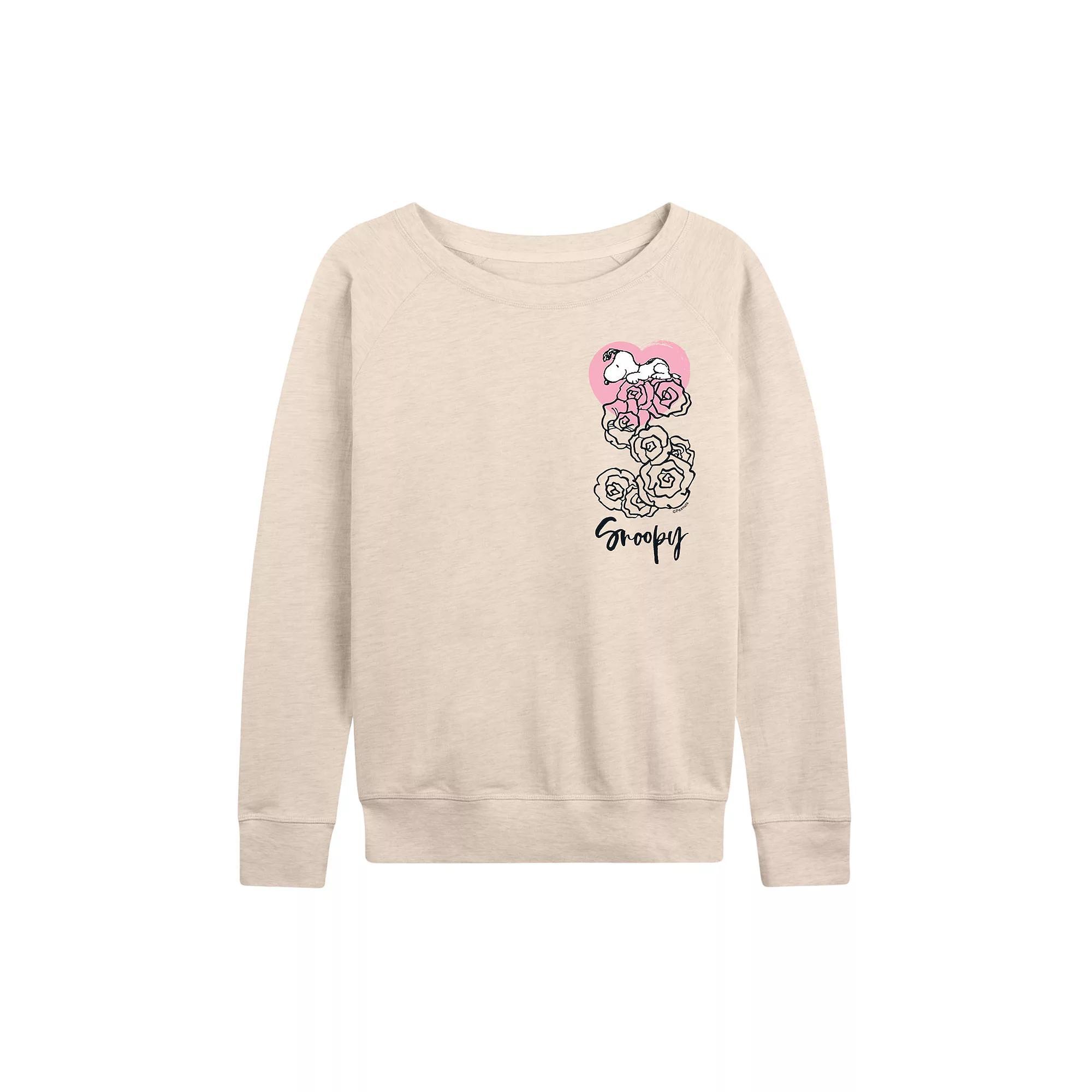 Women's Peanuts Snoopy Valentines Roses French Terry Long Sleeve Tee, Size: Medium, Beige Product Image